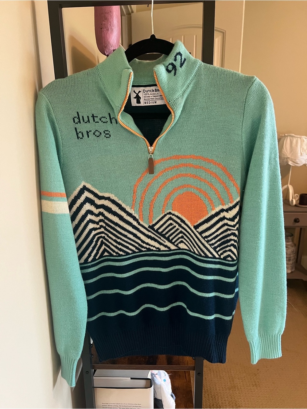 Dutch Bros Mint Green Zip-Up Sweater with Sunset and Mountain Design